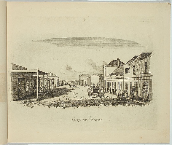 Artist: b'Nixon, F.R.' | Title: b'Hindley street looking west.' | Date: 1845 | Technique: b'etching, printed in black ink, from one plate'