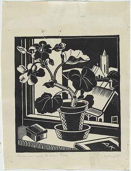 Artist: b'Kingston, Amie.' | Title: bGeranium and St John's, Glebe. | Date: 1933 | Technique: b'linocut, printed in black ink, from one block'