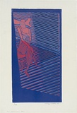Artist: b'WALKER, Murray' | Title: b'Karen behind venetian blinds.' | Date: 1969 | Technique: b'linocut, printed in colour, from multiple blocks'