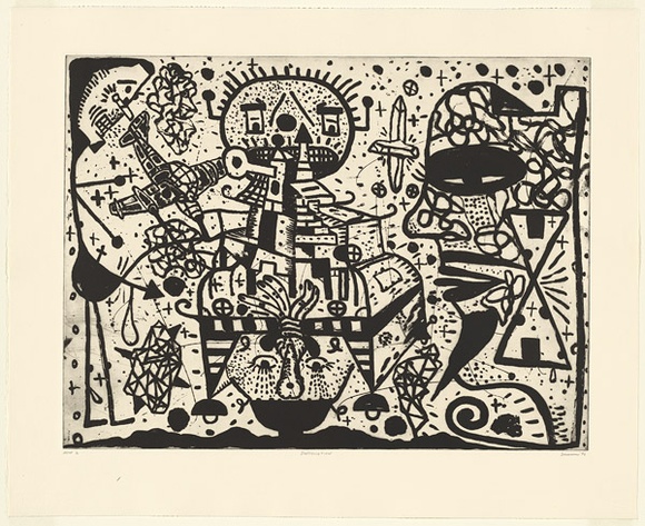 Artist: b'SANSOM, Gareth' | Title: b'Destruktion' | Date: 1994, January-March | Technique: b'etching and lift ground aquatint, printed in black ink, from one copper plate'