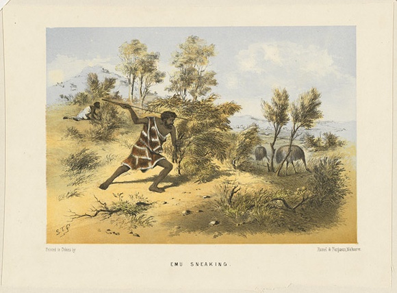 Title: b'Emu sneaking' | Date: 1865 | Technique: b'lithograph, printed in colour, from multiple stones'