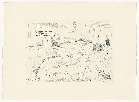 Artist: b'COLEING, Tony' | Title: b'(The birthday party) or (The misguided mussell) or (Better killing through electronics)' | Date: 1983 | Technique: b'etching, printed in black ink, from one plate'