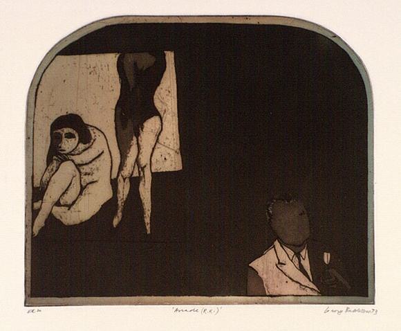 Artist: b'BALDESSIN, George' | Title: b'Arcade (R.K.).' | Date: 1973 | Technique: b'etching and aquatint, printed in brown ink, from one shaped plate over gradated colour roll.'