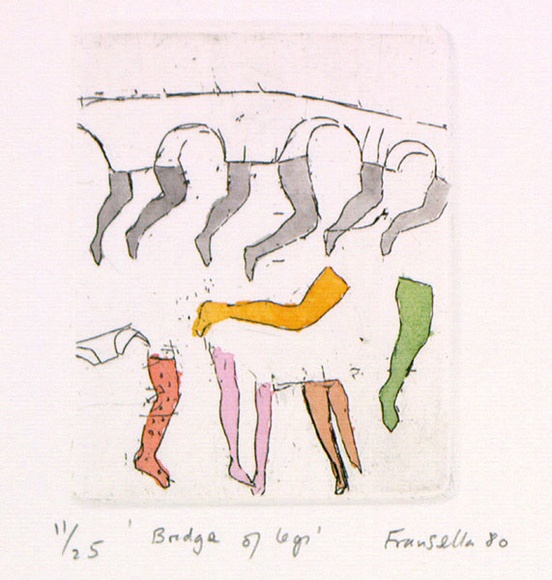 Artist: Fransella, Graham. | Title: Bridge of legs. | Date: 1980 | Technique: etching, printed in black ink, from one plate; hand-coloured | Copyright: Courtesy of the artist