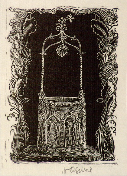 Artist: b'OGILVIE, Helen' | Title: b'not titled [Carved stone wishing well, ornamental border].' | Date: c.1947 | Technique: b'wood-engraving, printed in black ink, from one block'