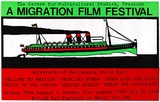 Artist: b'REDBACK GRAPHIX' | Title: b'A migration film festival.' | Date: 1980 | Technique: b'screenprint, printed in colour, from three stencils' | Copyright: b'\xc2\xa9 Michael Callaghan'