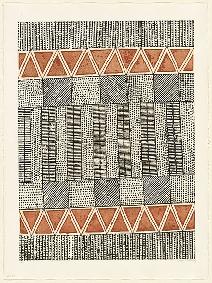 Artist: RED HAND PRINT | Title: Black dots and stripes - red ochre triangles | Date: 1998, 23 July | Technique: etching, sugarlift, open-bite and aquatint, printed in colour, from multiple plates | Copyright: © Janice Murray and Jilamara Arts + Craft