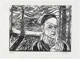 Title: Self-portrait at Manly Beach. | Date: 1994-1999 | Technique: woodcut, printed in black ink, from one magnolia woodblock | Copyright: © Salvatore Zofrea, 1994-1999