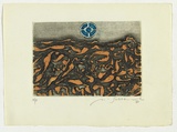 Artist: b'SELLBACH, Udo' | Title: b'(Landscape)' | Date: 1965 | Technique: b'etching and aquatint printed in blue, orange and black ink, from one plate'