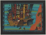 Artist: b'Franklin, Annie.' | Title: bnot titled 'Civilization' [invading Aboriginal Australia}. | Date: 1989 | Technique: b'screenprint, printed in colour, from multiple screens'