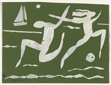Artist: Blackman, Charles. | Title: not titled [dancing figures and boat]. | Date: c.1952 | Technique: stencil, printed in white ink, from one handcut paper stencil