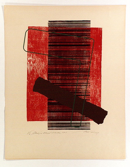 Artist: b'Croston, Doug' | Title: b'Study in mixed media no.1.' | Date: 1975 | Technique: b'screenprint, printed in colour, from three stencils; woodblock' | Copyright: b'Courtesy of the artist'