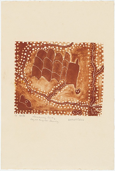 Artist: b'Purdie, Shirley.' | Title: b'Nemalowaling country / dog and kangaroo dreaming' | Date: 1995 | Technique: b'lithograph, printed red-brown ink, from one stone'