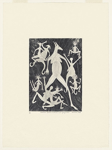 Artist: b'Hayward Pooaraar, Bevan.' | Title: b'Mubborn Spirits & Anthropomorphic (Yonga Tribe)' | Date: 1988 | Technique: b'etching'