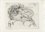 Artist: BOYD, Arthur | Title: Figure on a couch with bouquet in ear. | Date: (1968-69) | Technique: etching, printed in black ink, from one plate | Copyright: Reproduced with permission of Bundanon Trust