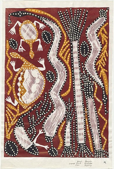 Artist: b'Banggala, England.' | Title: b'not titled' | Date: 1983 | Technique: b'lithograph, printed in brown ink, from one stone; additions in gouache' | Copyright: b'\xc2\xa9 England Banggala. Licensed by VISCOPY, Australia'