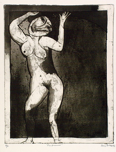 Artist: b'BALDESSIN, George' | Title: b'Performer.' | Date: 1972 | Technique: b'etching and aquatint, printed in black ink, from one plate'