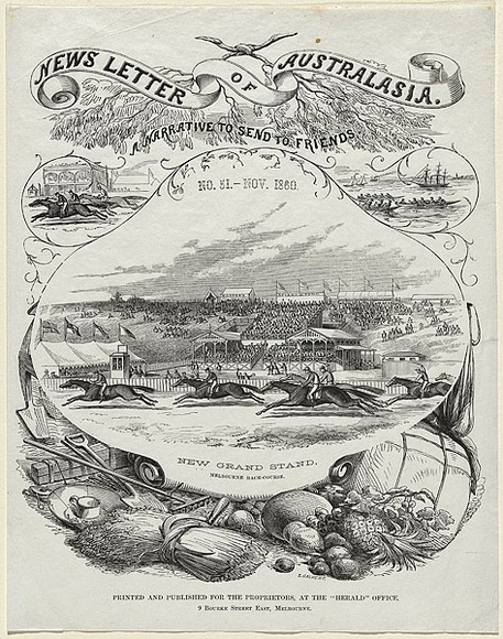 Artist: b'Calvert, Samuel.' | Title: b'New grand stand, Melbourne race-course' | Date: 1860 | Technique: b'wood-engraving, printed in black ink, from one block'