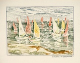 Artist: b'Woolcock, Marjorie.' | Title: b'Yachts at Dromana' | Date: 1950s | Technique: b'linocut, printed in colour, from mutliple blocks; hand-coloured'