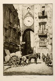 Artist: LINDSAY, Lionel | Title: The fish market clock, Naples | Date: 1938 | Technique: etching and aquatint, printed in brown ink, from one plate | Copyright: Courtesy of the National Library of Australia