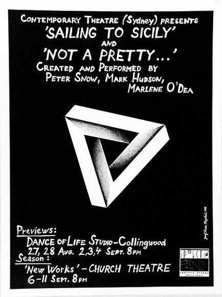 Artist: b'Stejskal, Josef Lada.' | Title: bContemporary Theatre (Sydney) presents 'Sailing to Sicily' and 'Not a pretty ...' Created and performed by Peter Snow, Mark Hudson, Marlene O'Dea. | Date: 1988 | Technique: b'offset-lithograph, printed in black ink, from one plate'