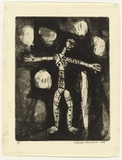 Artist: b'HANRAHAN, Barbara' | Title: b'Crucified clown' | Date: 1962 | Technique: b'drypoint, etching, printed in black ink, from one plate'