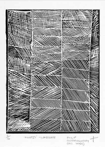 Artist: b'GUDTHAYKUDTHAY, Philip' | Title: b'Minytji, landscape' | Date: (1993) | Technique: b'linocut, printed in black ink, from one block' | Copyright: b'\xc2\xa9 Philip Gudthaykudthay. Licensed by VISCOPY, Australia'