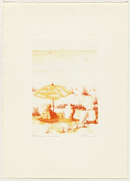 Artist: b'Caffin, Neil.' | Title: b'The end of summer.' | Date: 1976 | Technique: b'etching, printed in red ink, from one plate; hand-coloured'