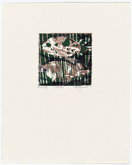 Artist: b'Fitzgerald, Tristana.' | Title: b'Untitled' | Date: 1996 | Technique: b'woodcut, printed in black green and brown ink, from three blocks'