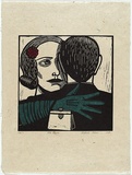 Artist: b'Klein, Deborah.' | Title: b'The dance' | Date: 1997 | Technique: b'linocut, printed in black ink, from one block; chine colle printed in black ink on red and green paper'