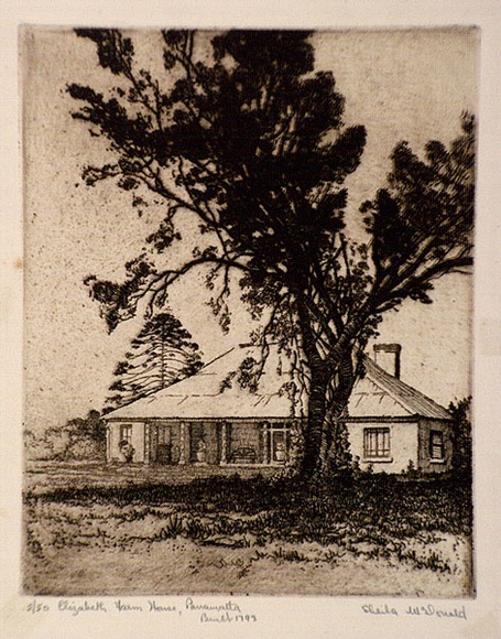 Artist: b'McDonald, Sheila.' | Title: b'Elizabeth Farm house, Parramatta' | Date: 1932 | Technique: b'etching, aquatint, printed in brown ink with plate-tone'