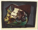 Artist: b'SELLBACH, Udo' | Title: b'(Still life with fruit and vase on table)' | Date: 1952 | Technique: b'lithograph, printed in colour, from five stones [or plates]'