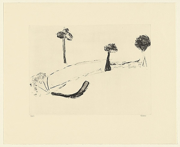 Artist: b'Murphey, Idris.' | Title: b'Not titled [ambiguous landscape- three trees and one fallen tree].' | Date: 2002 | Technique: b'open-bite and aquatint, printed in black ink, from one plate'