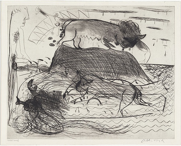 Artist: b'BOYD, Arthur' | Title: b'Figure and floating figure with beasts.' | Date: 1960-70 | Technique: b'etching, printed in black ink, from one plate' | Copyright: b'Reproduced with permission of Bundanon Trust'