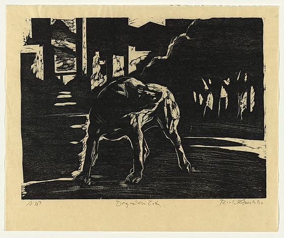 Artist: b'AMOR, Rick' | Title: b'Dog in the city.' | Date: 1990 | Technique: b'woodcut, printed in black ink, from one block'