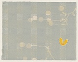 Artist: b'McPherson, Megan.' | Title: b'not titled [pale blue weave pattern with abstracted white branches and yellow butterfly]' | Date: 1999 | Technique: b'relief, printed in colour from multiple blocks; inkjet print stitched on with silk thread'