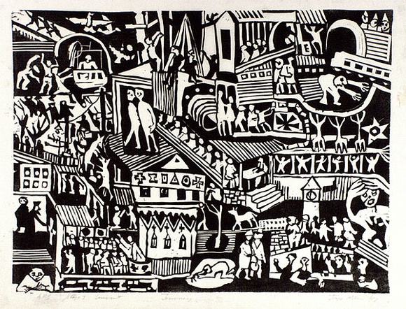 Artist: b'Allen, Joyce.' | Title: b'Journey.' | Date: 1967 | Technique: b'linocut printed in black ink, from one block'