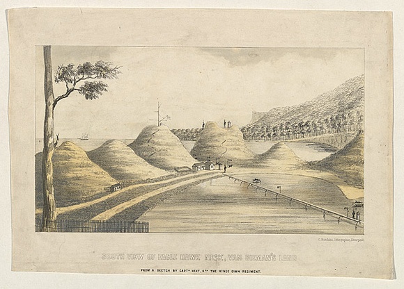 Title: bSouth view of Eagle Hawk Neck, Van Diemen's Land | Date: c.1855 | Technique: b'lithograph, printed in colour, from multiple stones'