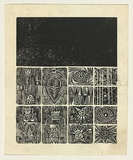 Title: not titled [nine squares: kings, queens, jokers and suns in reflection, plus black square above] | Date: 1960s | Technique: wood-engraving, printed in black ink, from one block