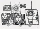 Artist: b'Kauage, Mathias.' | Title: b'Man draivim tripela memba bilong hailans  [Man driving three Highlands members of parliament]' | Date: c.1975 | Technique: b'screenprint, printed in black ink, from one stencil'