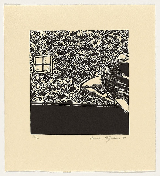 Artist: b'Paijmans, Anneke.' | Title: b'not titled [arch-backed figure against wallpaper pattern]' | Date: 1981 | Technique: b'linocut, printed in black ink, from one block'