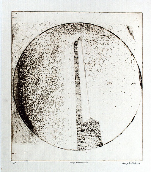 Artist: b'BALDESSIN, George' | Title: b'City monument.' | Date: 1970 | Technique: b'etching, aquatint, and rough-biting, printed in brown ink, from one plate'