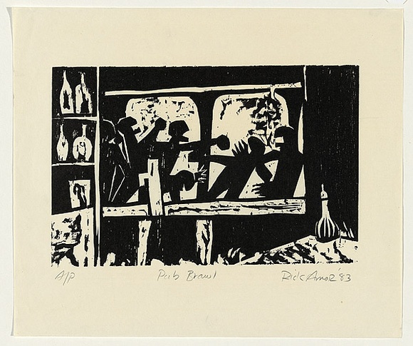 Artist: b'AMOR, Rick' | Title: b'Pub brawl.' | Date: 1983 | Technique: b'woodcut, printed in black ink, from one block'