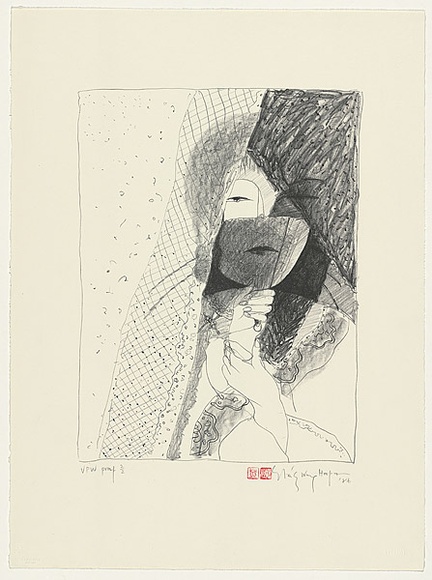 Artist: b'Wong Hoo Foon, Stanley.' | Title: b'not titled [face of woman partially concealed by fan]' | Date: 1986 | Technique: b'lithograph, printed in black ink, from one stone'