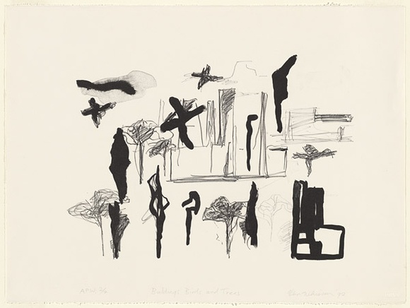Artist: b'Whisson, Ken.' | Title: b'Buildings, birds and trees' | Date: 1992, April | Technique: b'lithograph, printed in black ink, from one stone [or plate]'