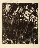 Artist: b'Hawkins, Weaver.' | Title: b'(Beach scene)' | Date: c.1930 | Technique: b'wood-engraving, printed in black ink, from one block' | Copyright: b'The Estate of H.F Weaver Hawkins'