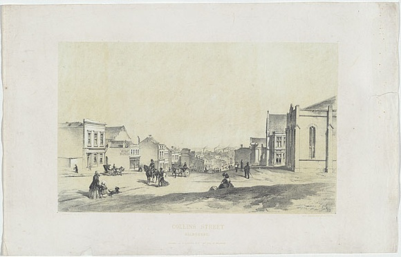 Artist: b'Thomas, Edmund.' | Title: b'Collins St.' | Date: 1853 | Technique: b'lithograph, printed in colour, from two stones (black image and light cream tint stone)'