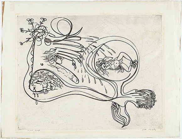 Artist: b'BOYD, Arthur' | Title: b'Potter with reclining nude insert.' | Date: (1968-69) | Technique: b'etching, printed in black ink, from one plate' | Copyright: b'Reproduced with permission of Bundanon Trust'