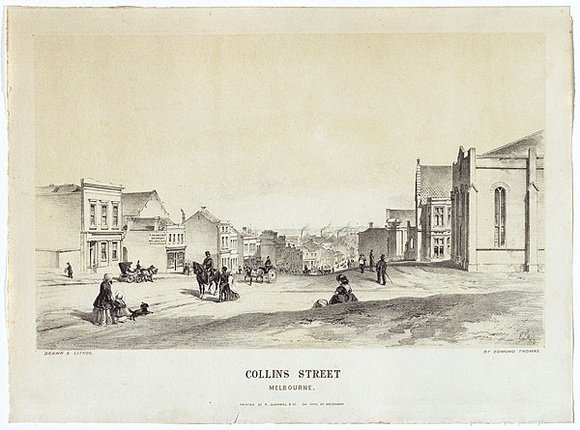 Artist: b'Thomas, Edmund.' | Title: b'Collins Street.' | Date: 1853 | Technique: b'chalk-lithograph, printed in colour, from two stones'