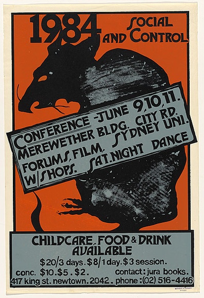 Artist: b'Horniman, Joanne.' | Title: b'Rat. 1984 Social Control Conference' | Date: 1984 | Technique: b'screenprint, printed in colour, from three ulano hand-cut stencils' | Copyright: b'Courtesy of the artist'